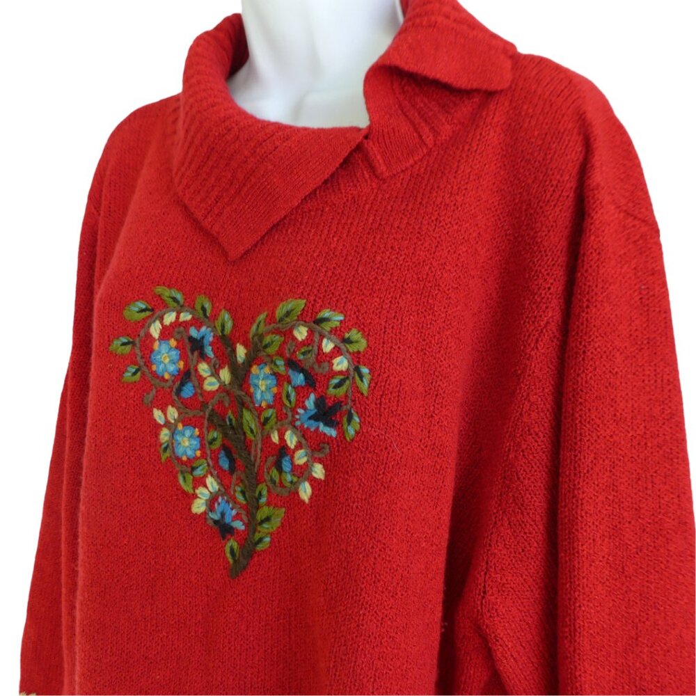 Coldwater Creek Embroidered Floral Heart Collared Red Sweater Tree of Life 3X
